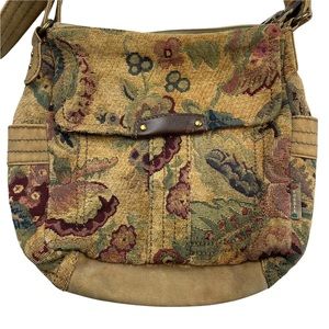 Vintage Fossil Canvas Shoulder Bag Floral Flowers Heavy Patina Pockets 1954 Zip